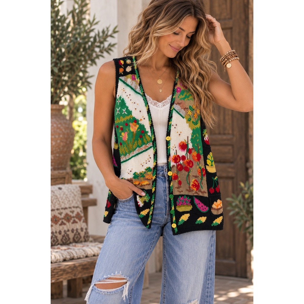 Berek Vintage Hand Knit Pima Cotton Garden Floral Fruit  Sweater Vest Medium